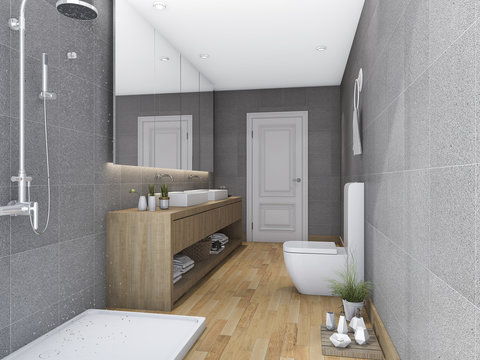3d rendering wood bathroom with modern design