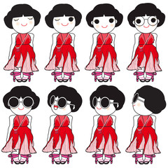 Trendy Beautiful Girls In Chic Red Spring Party Dress Character illustration