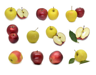 Red yellow apple with green leaf and slice isolated on white background