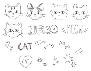 アナログ手書き・落書き風　猫のイラストカット　セット素材　白背景・ベクター