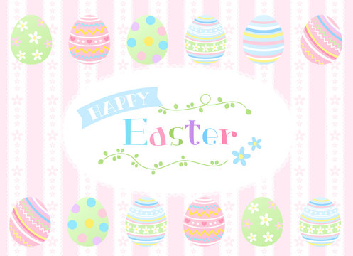 カラフルなイースターエッグと花のガーリーでかわいいHappy Easterのロゴ　横長
