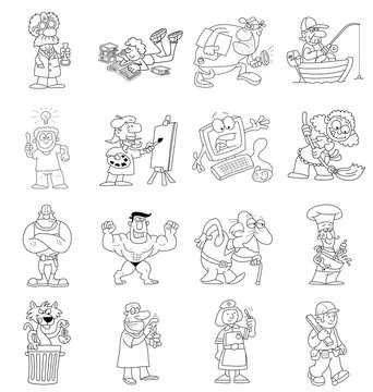 Monochrome outline cartoon collection isolated on white background