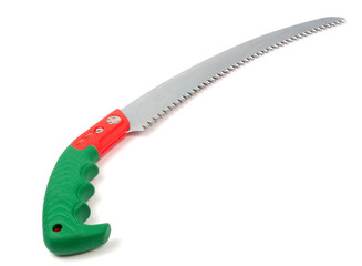 Hand saw with a green handle isolated on a white background