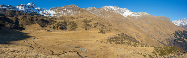 Great landscape on the Orobie Alps in winter season. Cardeto natural lakes area. Seriana Valley, Gromo, Bergamo, Italy. 