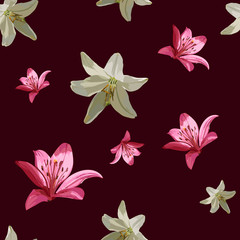 Fototapeta premium pink and white lily. vector seamless pattern