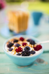Healthy breakfast with quinoa with milk fresh berry fruit.