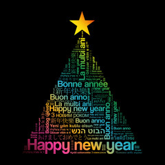Fototapeta premium Happy New Year in different languages, celebration word cloud greeting card in the shape of a christmas tree