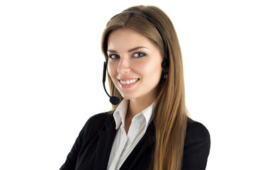 Portrait of young beautiful smiling call center worker