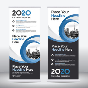 Blue Color Scheme with City Background Business Roll Up Design Template.Flag Banner Design. Can be adapt to Brochure, Annual Report, Magazine,Poster, Corporate Presentation, Portfolio, Flyer, Website
