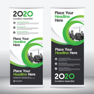 Green Color Scheme with City Background Business Roll Up Design Template.Flag Banner Design. Can be adapt to Brochure, Annual Report, Magazine,Poster, Corporate Presentation, Portfolio, Flyer, Website