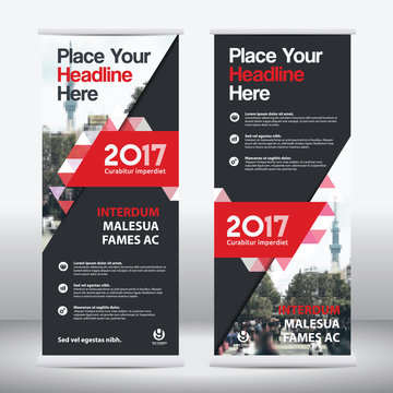 Red Color Scheme with City Background Business Roll Up Design Template.Flag Banner Design. Can be adapt to Brochure, Annual Report, Magazine,Poster, Corporate Presentation, Portfolio, Flyer, Website