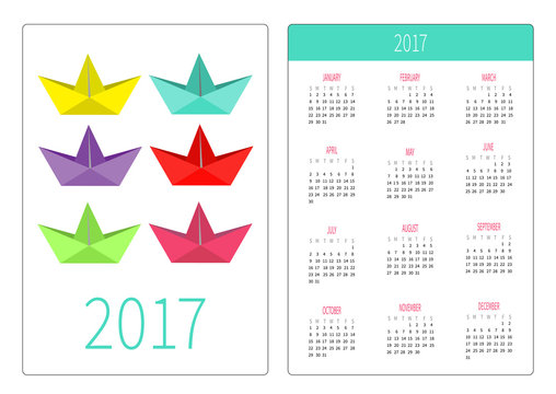 Pocket calendar 2017 year. Week starts Sunday. Flat design Vertical orientation Template. Set of bright paper ships. Isolated.