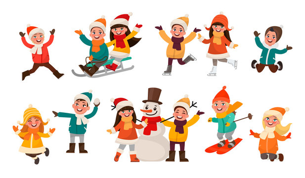 Set of children playing in the winter. Boys and girls make merry