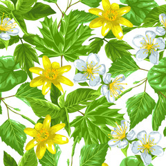 Spring green leaves and flowers. Seamless pattern with plants, twig, bud