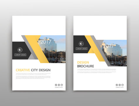 Abstract composition. White a4 brochure cover design. Info banner frame. Text font. Title sheet model set. Modern vector front page. City view texture. Yellow figure image icon. Elegant ad flyer fiber
