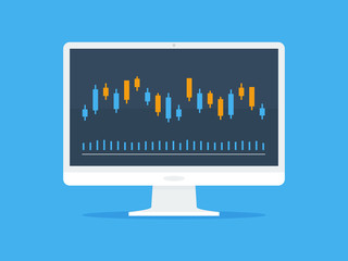 White computer monitor with Forex graph candlesticks vector illustration in flat style