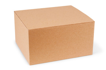 Closed cardboard box taped up and isolated on a white background