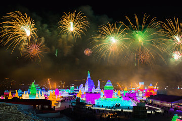 Spectacular Fireworks over Ice and Snow Sculptures in Harbin, China