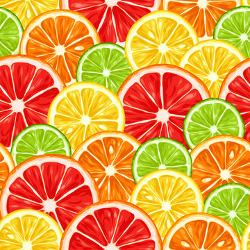 Seamless pattern with citrus fruits slices. Mix of lemon lime grapefruit and orange