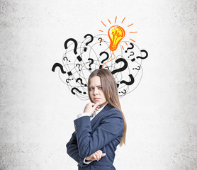 Frowning woman, questions and light bulb