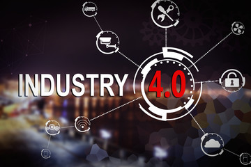Text INDUSTRY 4.0  and internet network on cityscape background