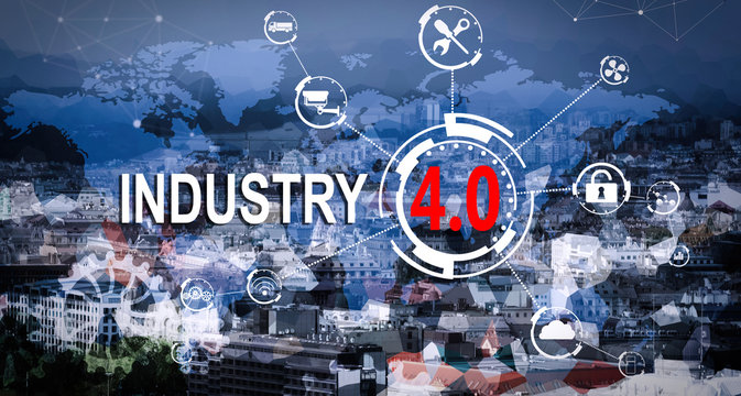 Text INDUSTRY 4.0 and internet network on cityscape background