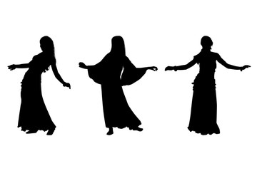 Young girl dancing belly dance. Silhouette of girl dancing Arabic dance. Set of silhouettes. Vector illustration