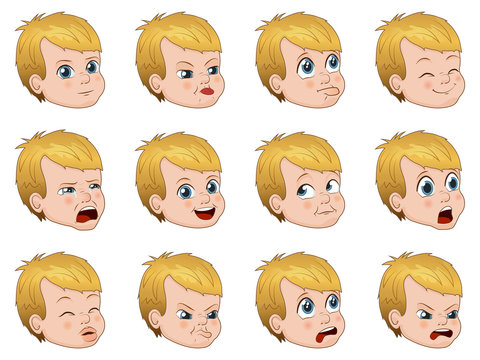 Big set of cute little boy faces showing different emotions vector illustration