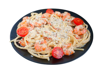  pasta with prawns on black plate