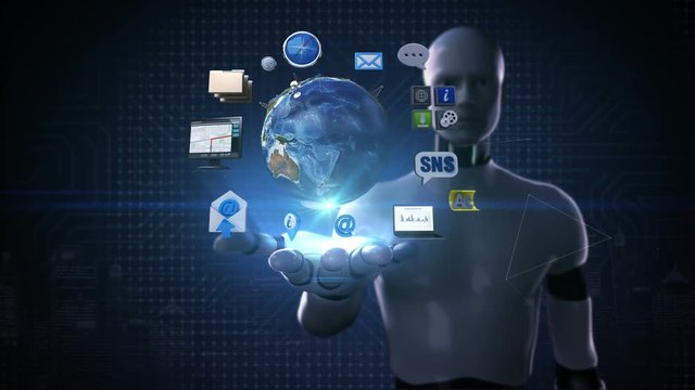 Robot, cyborg open palm, Rotating earth, expanding social network service. artificial satellite, Communication technology