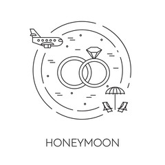 Honeymoon banner with wedding rings Line art