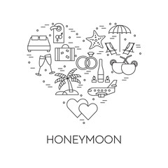 Horizontal banner with honeymoon symbols in heart Line art