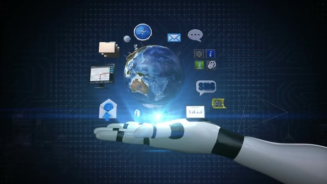 Rotating earth, expanding social network service. artificial satellite, Communication technology on Robot, cyborg hand.