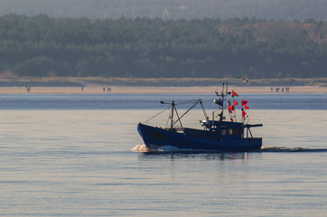 FISHING BOAT, SEAGULL AND PEOPLE ON THE BEACH