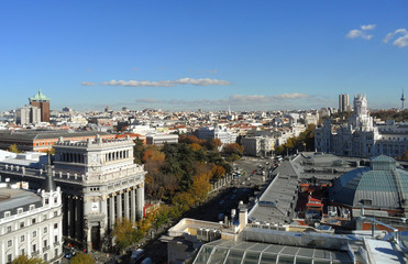 Stunning view of Madrid cityscape in the autumn sunny day, Spain 