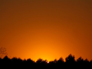 Stunning golden gradation of sunset sky over the silhouette of countryside forest in Thailand 