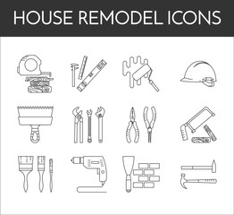 Set of thin black and white line house remodel icons