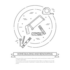 Fototapeta premium House remodel horizontal banner with building tools Line art