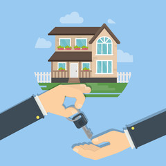 Fototapeta na wymiar Real estate sale. Hands giving house keys. Agent and buyer.