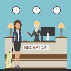 Hotel reception desk with receptionist and woman with suitcase. Hotel interior. Lobby service.