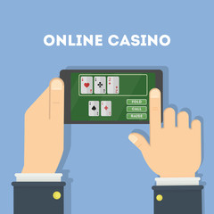 Online casino in the tablet. Hands holding device with gambling game. Gaming addiction.