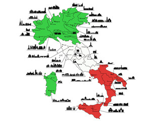 Map of Italy with silhouettes of italian cities