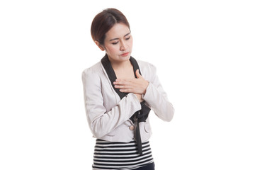 Young Asian woman got chest pain.