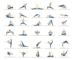 Yoga workout set on white background. Different poses and asanas.
