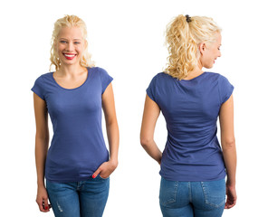 Woman in blue round neck T-shirt