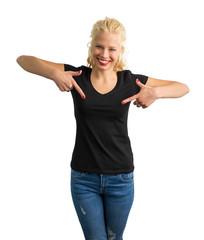 Woman in black V-neck T shirt pointing at it with both hands