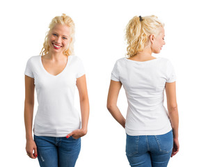Woman in white V-neck T-shirt