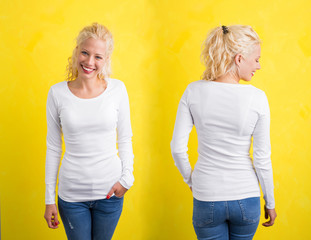 Woman in white long sleeve shirt on yellow background