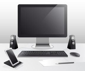 Fototapeta premium Workplace table. A computer. The modern concept. Realistic. For your design.