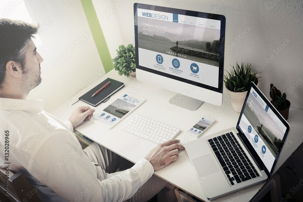 Poster man working with devices web design
